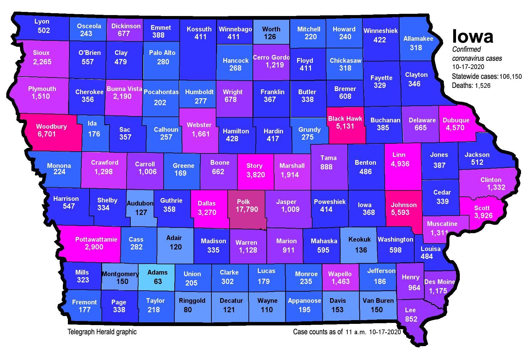 Iowa COVID-19 map for Oct. 17